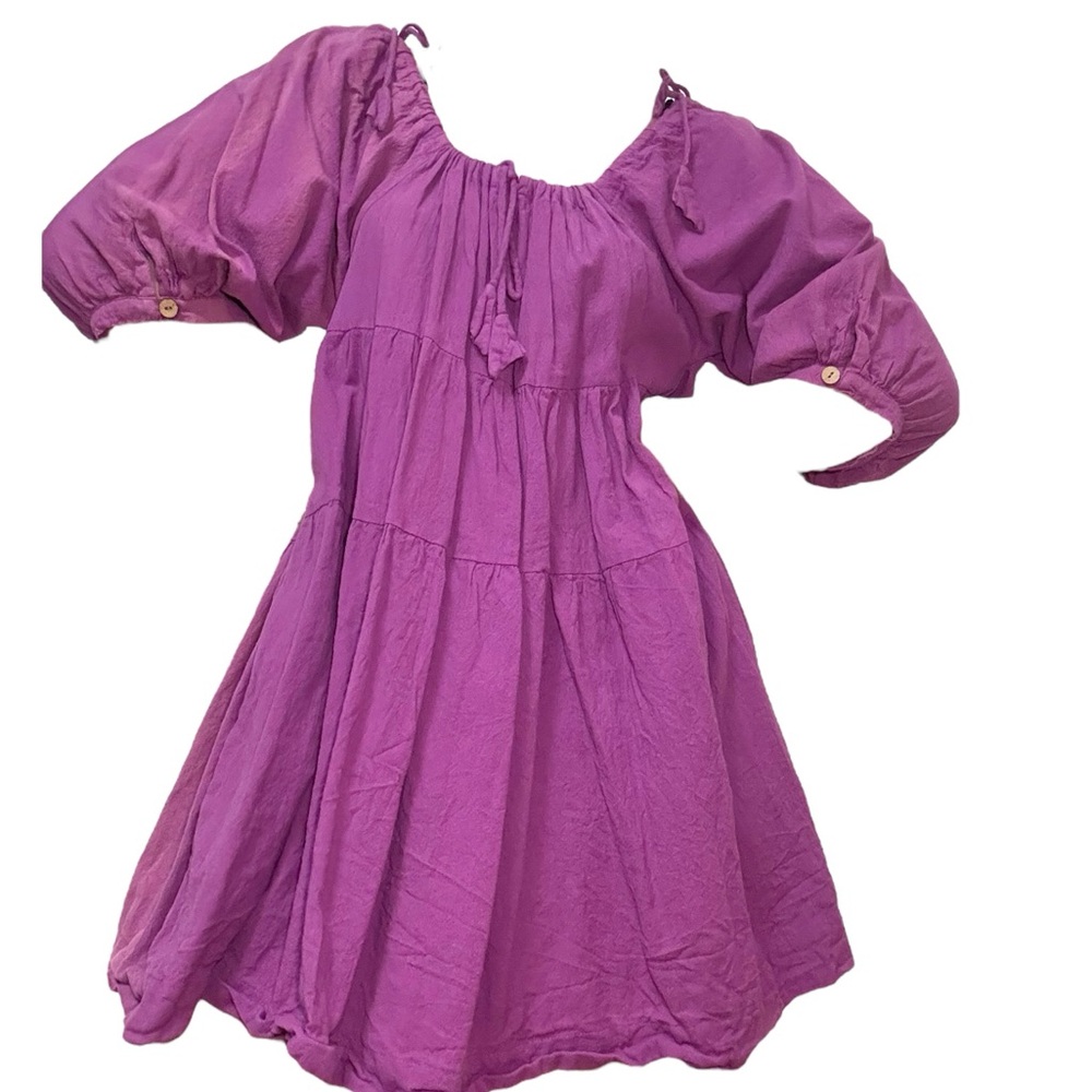 Small World Goods Purple Off-Shoulder Dress Austin designer big pockets!